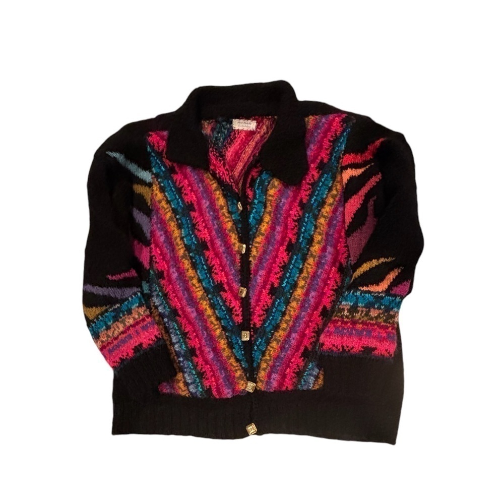 Vintage Handmade Knit Sweater Colorful Mohair Collared Button-down Sz Large